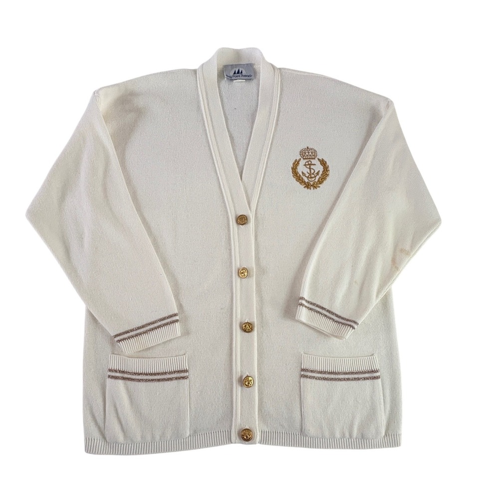 Bay Point Threads Cardigan Womens Medium Cream Nautical Anchor Crest Vintage USA